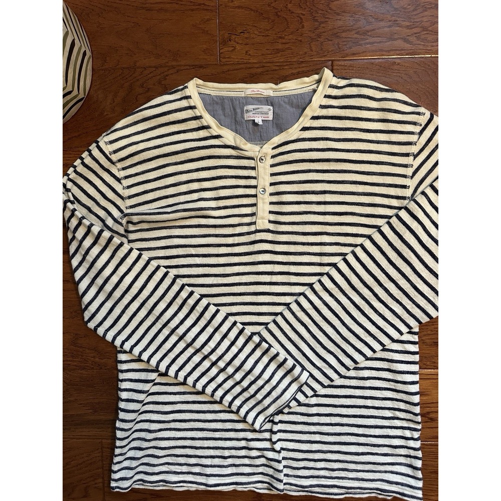 GANT Rugger Mens L The Breton Striped Cotton Long Sleeve Henley Shirt Nautical